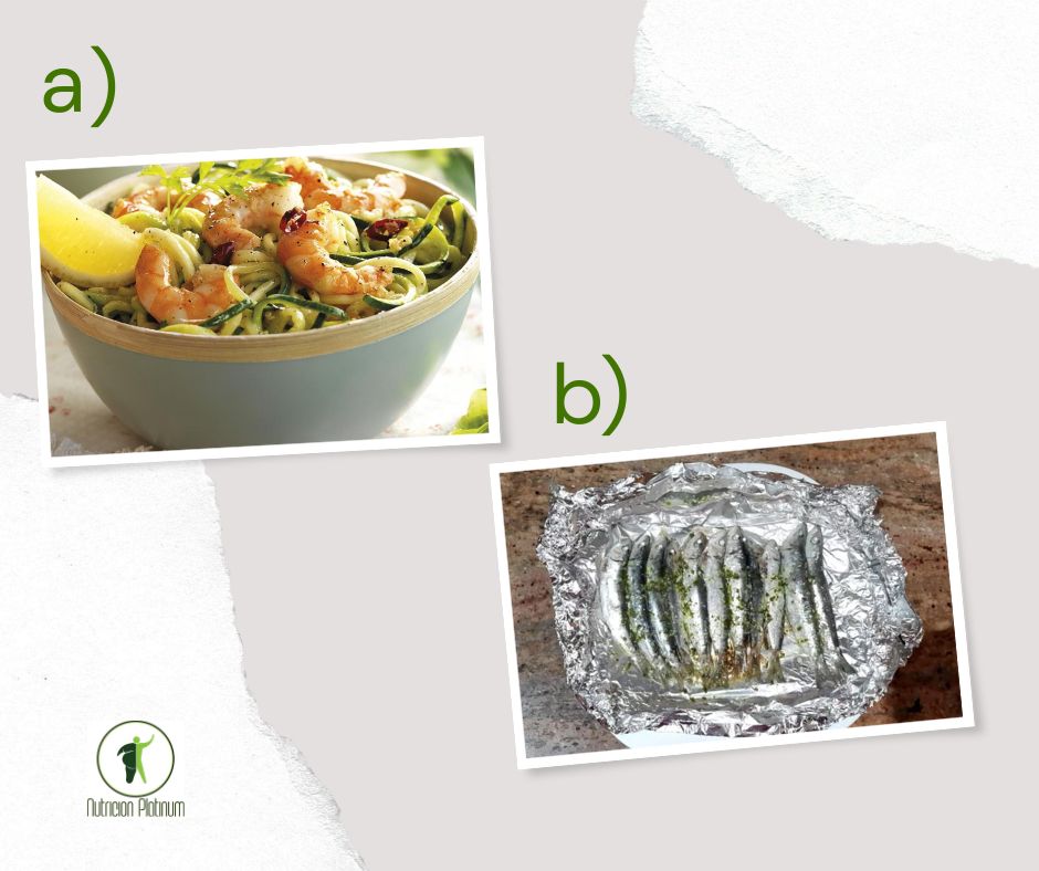 Espaguetis de calabacín con langostinos y sardinas en Papillote